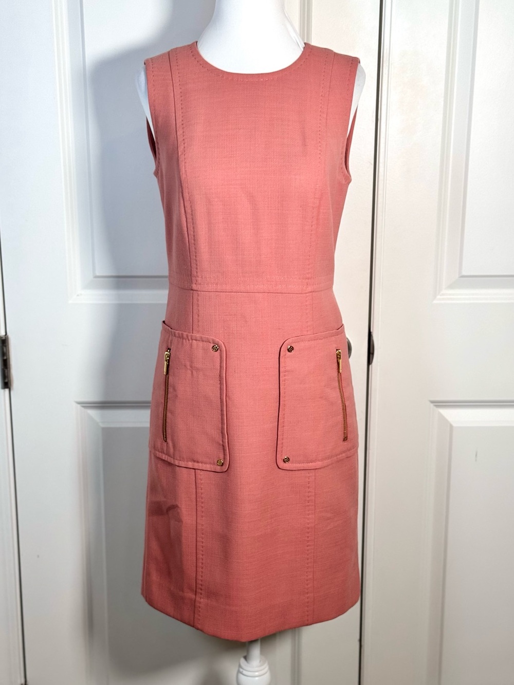 Tory Burch Petra Dress 2 Peach Wool Blend Sheath Gold Zip Pockets Officecore